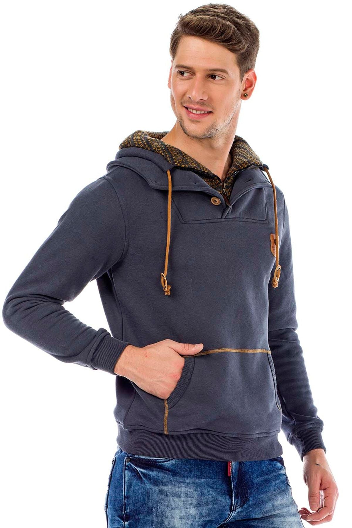 C44200 Double Collar Knit Detail Men's Sweatshirt