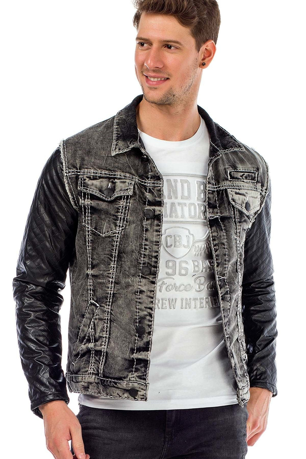 C44603 Leather Sleeve Pocketed Men's Denim Jacket