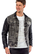 C44603 Leather Sleeve Pocketed Men's Denim Jacket