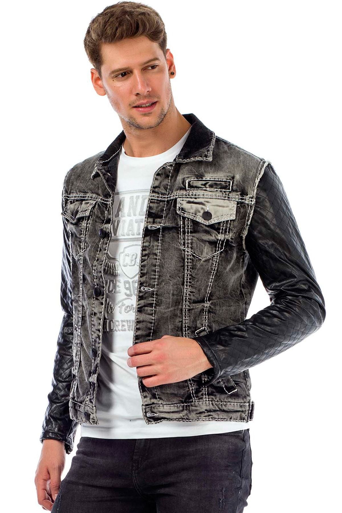 C44603 Leather Sleeve Pocketed Men's Denim Jacket