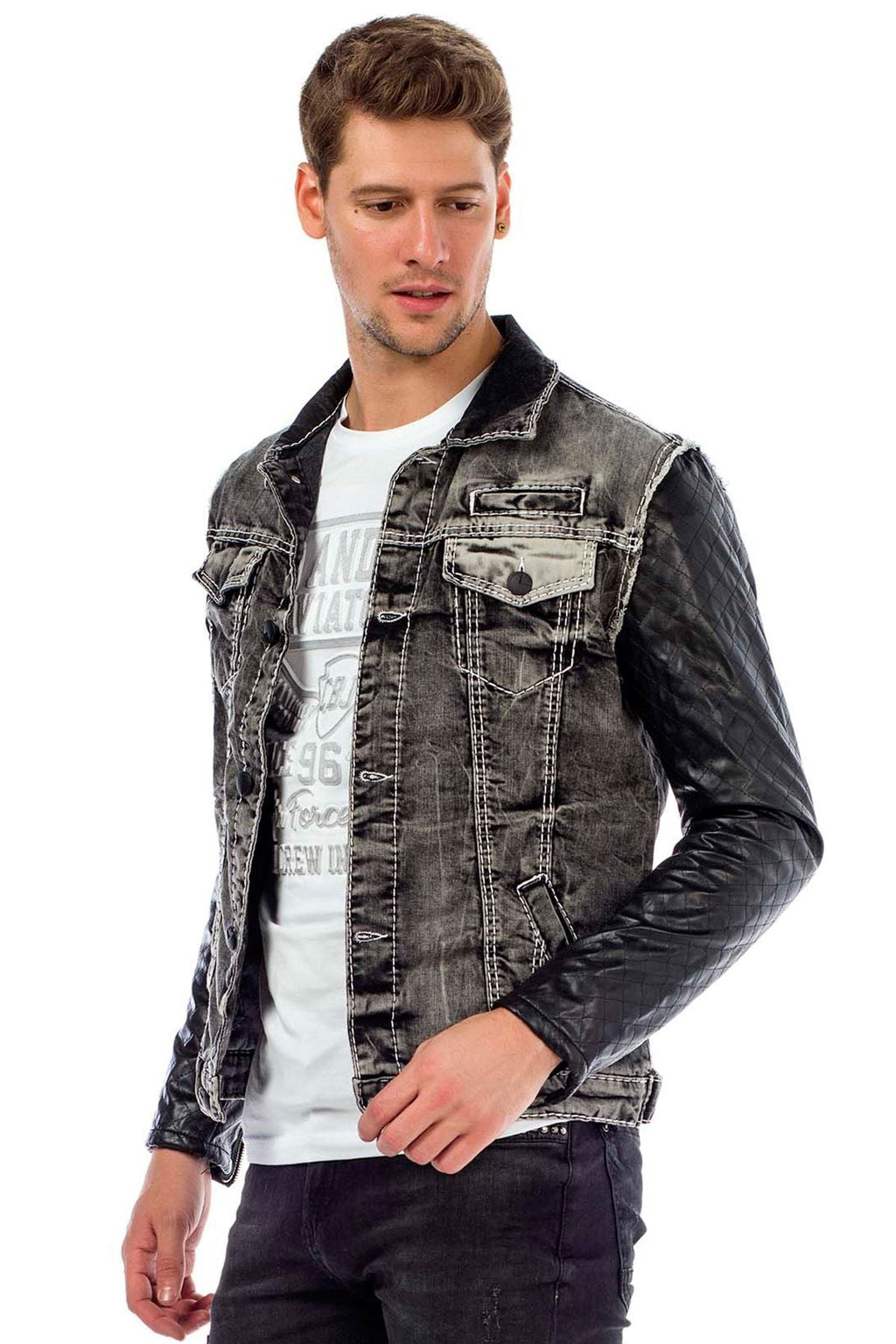 C44603 Leather Sleeve Pocketed Men's Denim Jacket