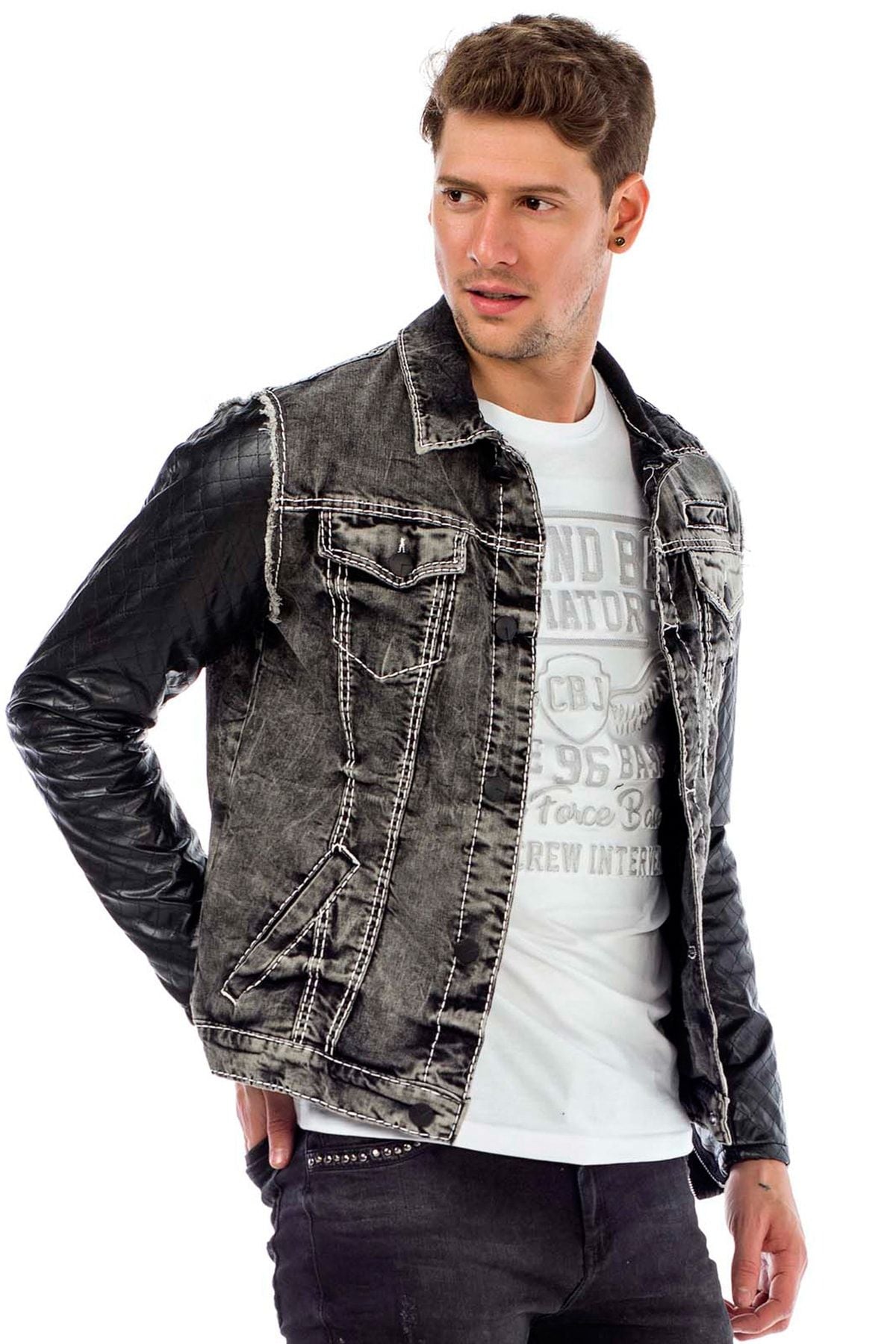 C44603 Leather Sleeve Pocketed Men's Denim Jacket