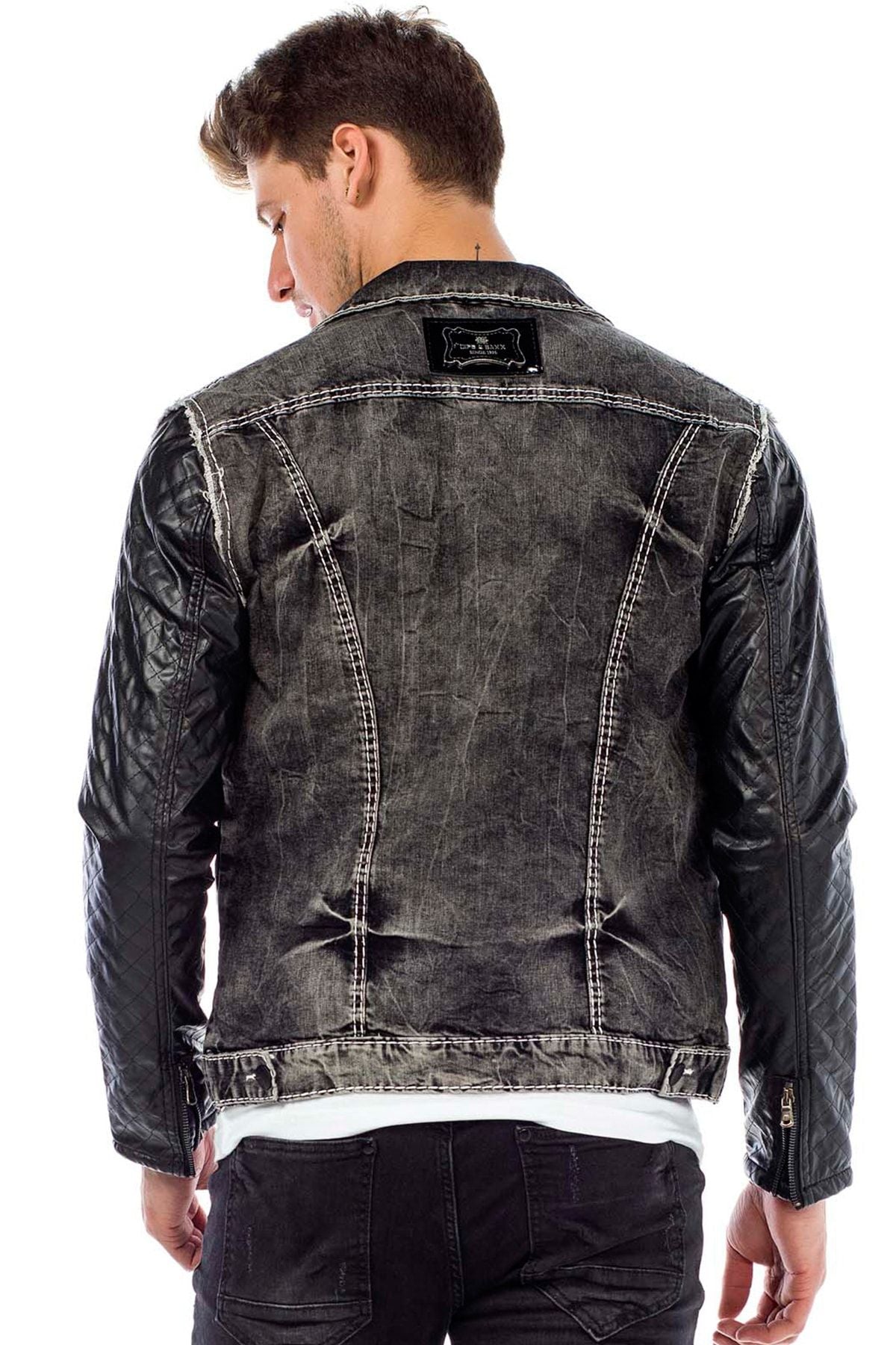 C44603 Leather Sleeve Pocketed Men's Denim Jacket