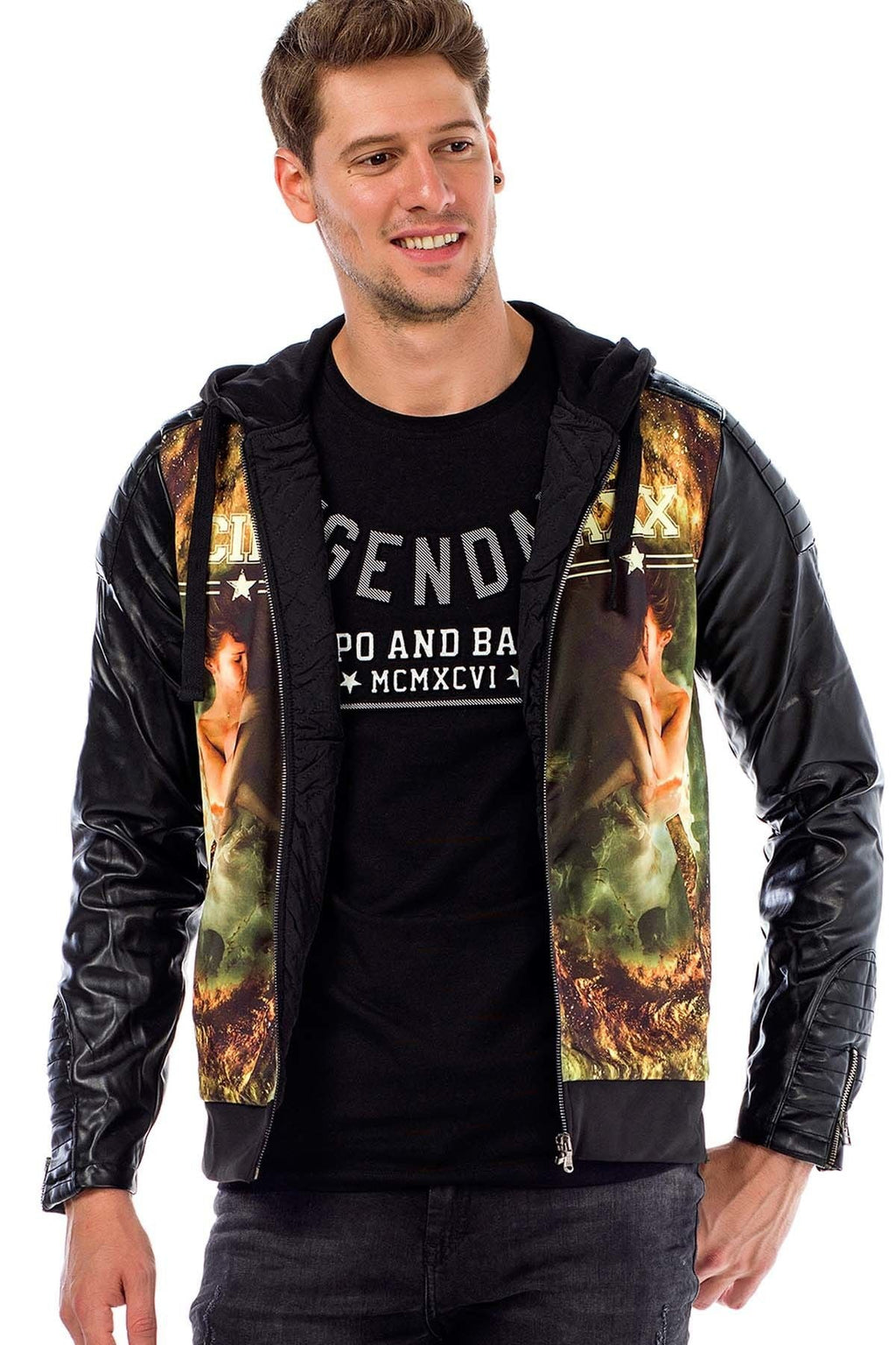 C44610 Leather Sleeve Hooded Men's Jacket