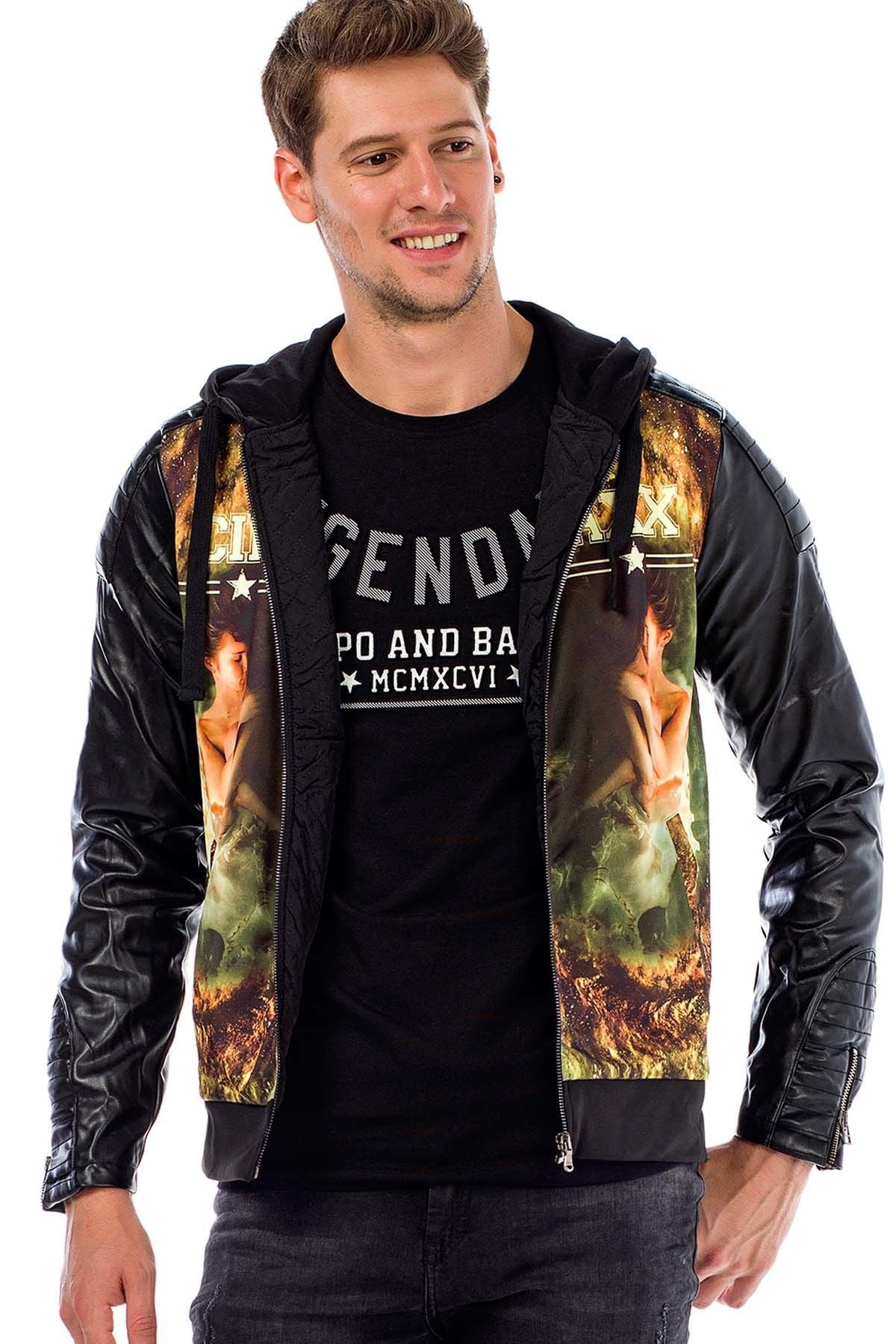 C44610 Leather Sleeve Hooded Men's Jacket
