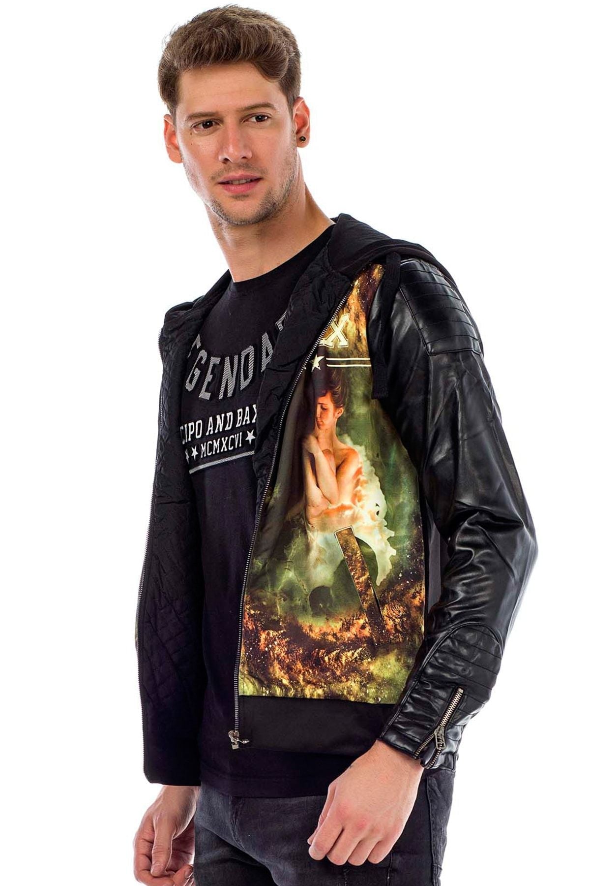 C44610 Leather Sleeve Hooded Men's Jacket