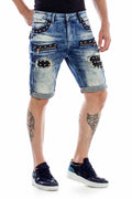 CK181 Metal Embellished Ripped Patched Denim Capri Shorts