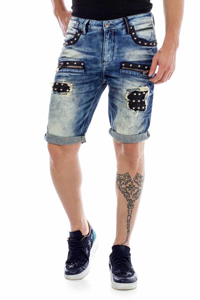 CK181 Metal Embellished Ripped Patched Denim Capri Shorts