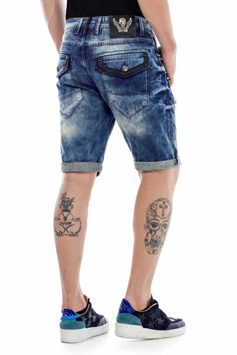 CK181 Metal Embellished Ripped Patched Denim Capri Shorts