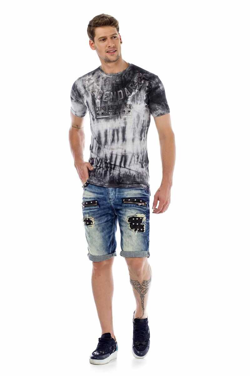 CK181 Metal Embellished Ripped Patched Denim Capri Shorts