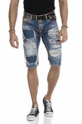 CK239 Neon Stitch Ripped Below-Knee Denim Capris