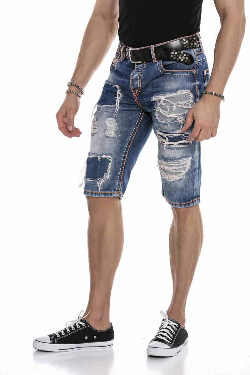 CK239 Neon Stitch Ripped Below-Knee Denim Capris