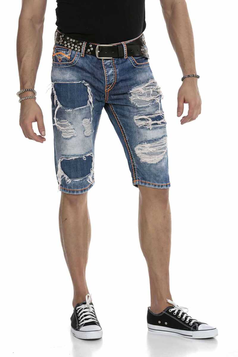 CK239 Neon Stitch Ripped Below-Knee Denim Capris