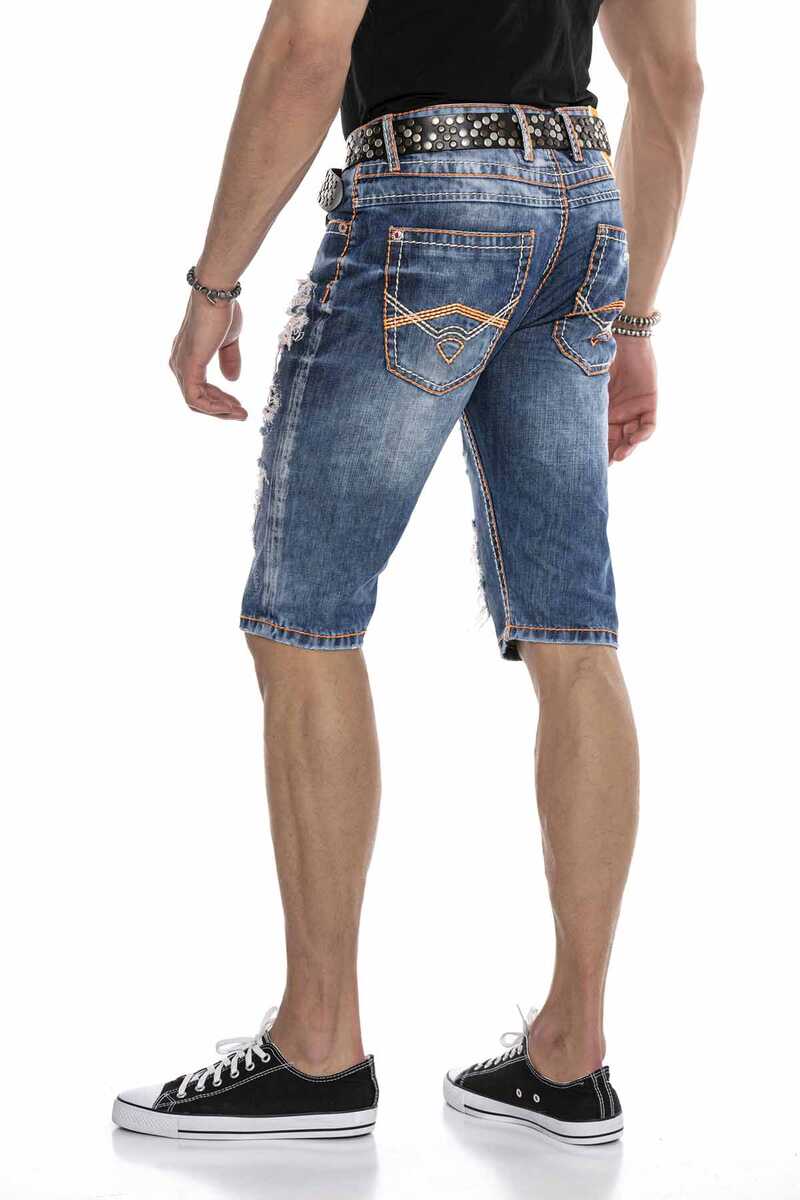 CK239 Neon Stitch Ripped Below-Knee Denim Capris