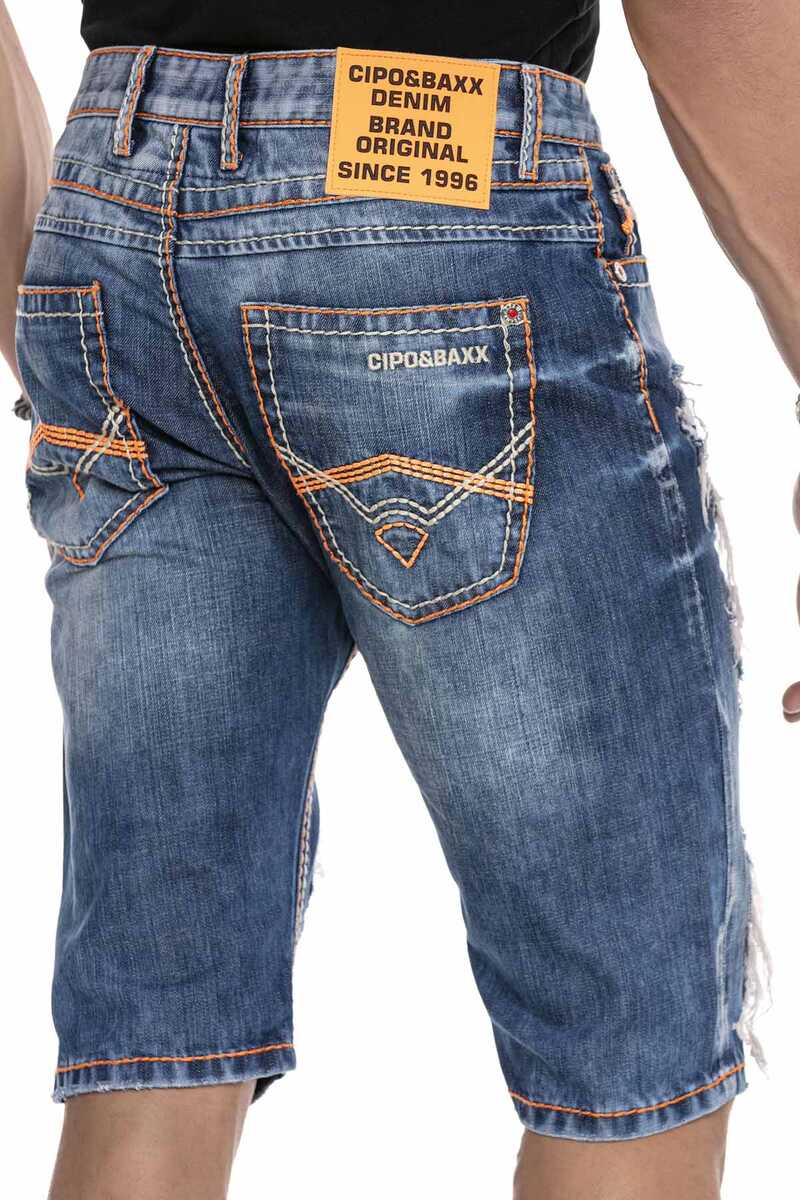 CK239 Neon Stitch Ripped Below-Knee Denim Capris