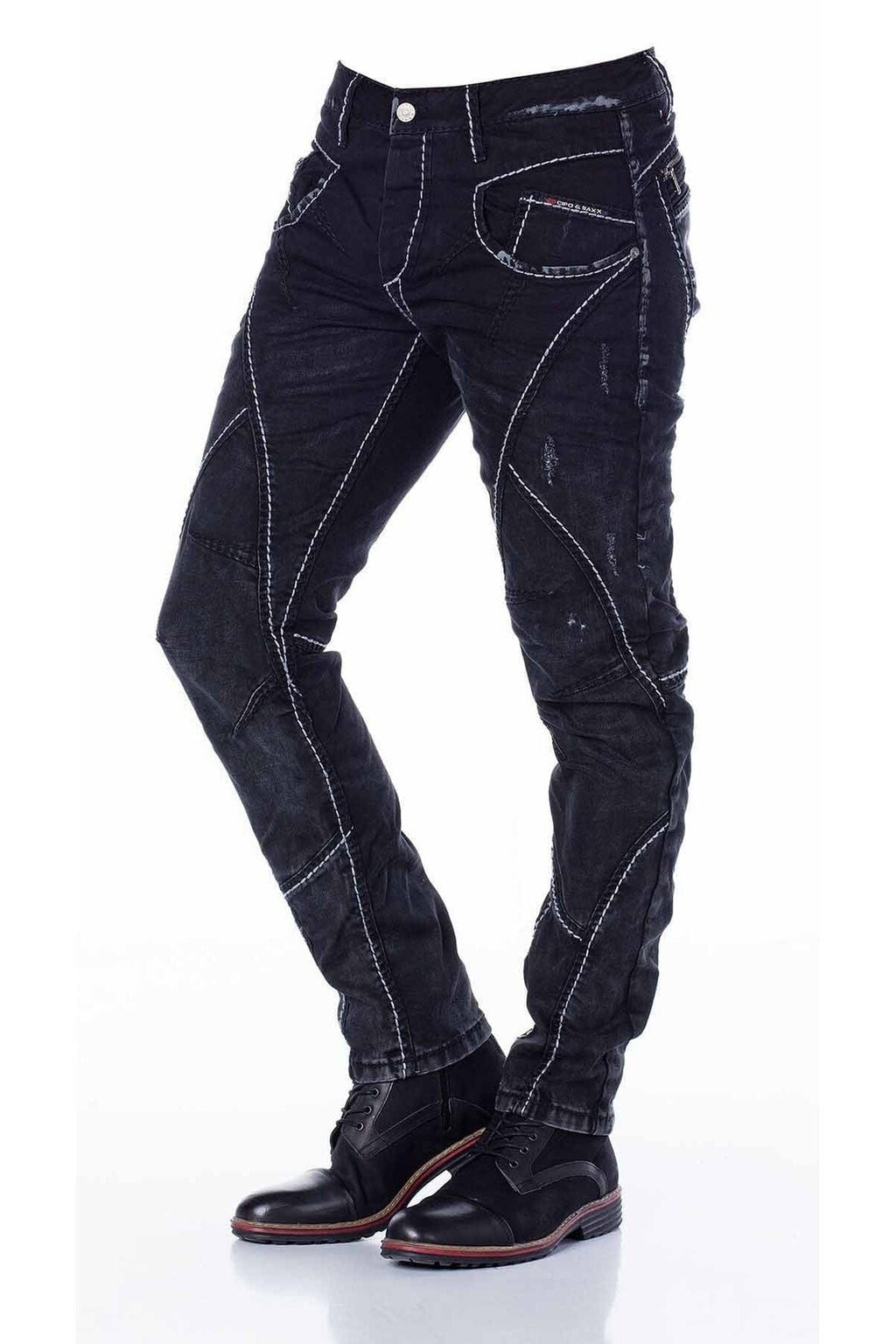 CD288 Paneled Stitch Biker Style Jeans