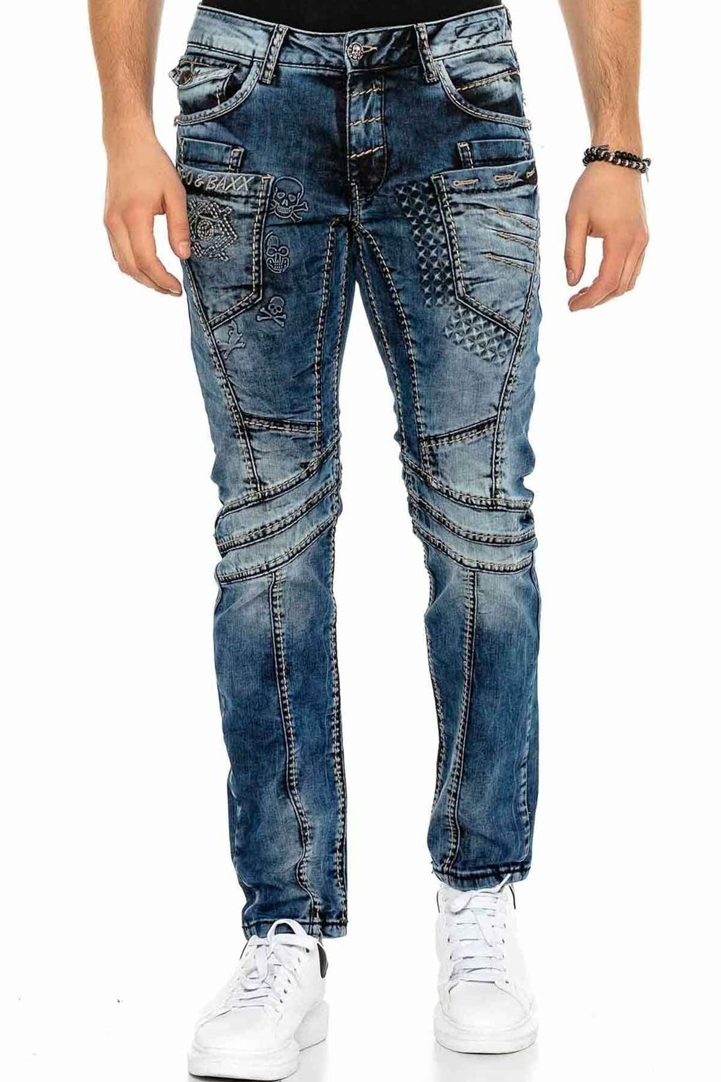 CD418 Embossed Motif Men's Biker Jeans