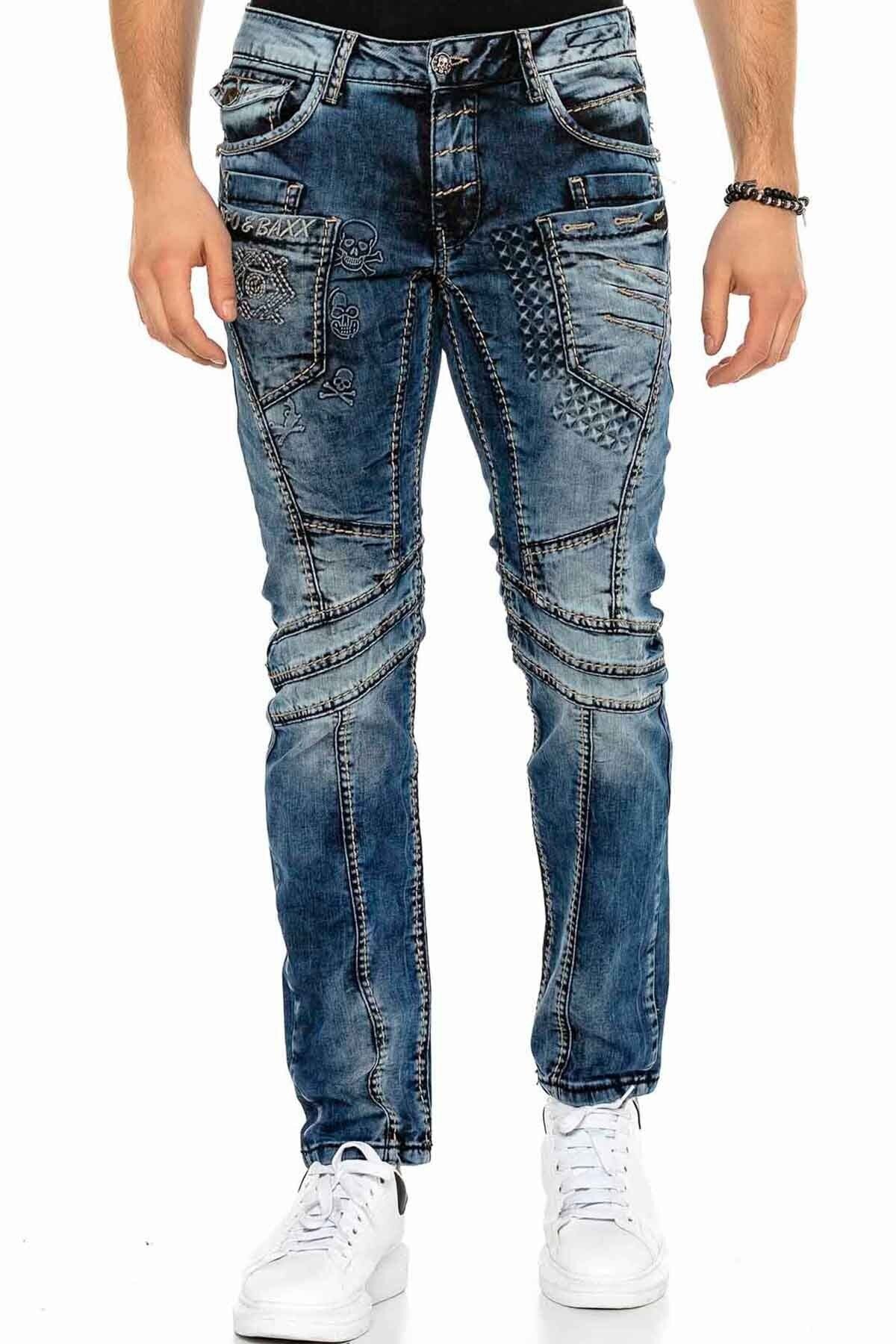 CD418 Embossed Motif Men's Biker Jeans