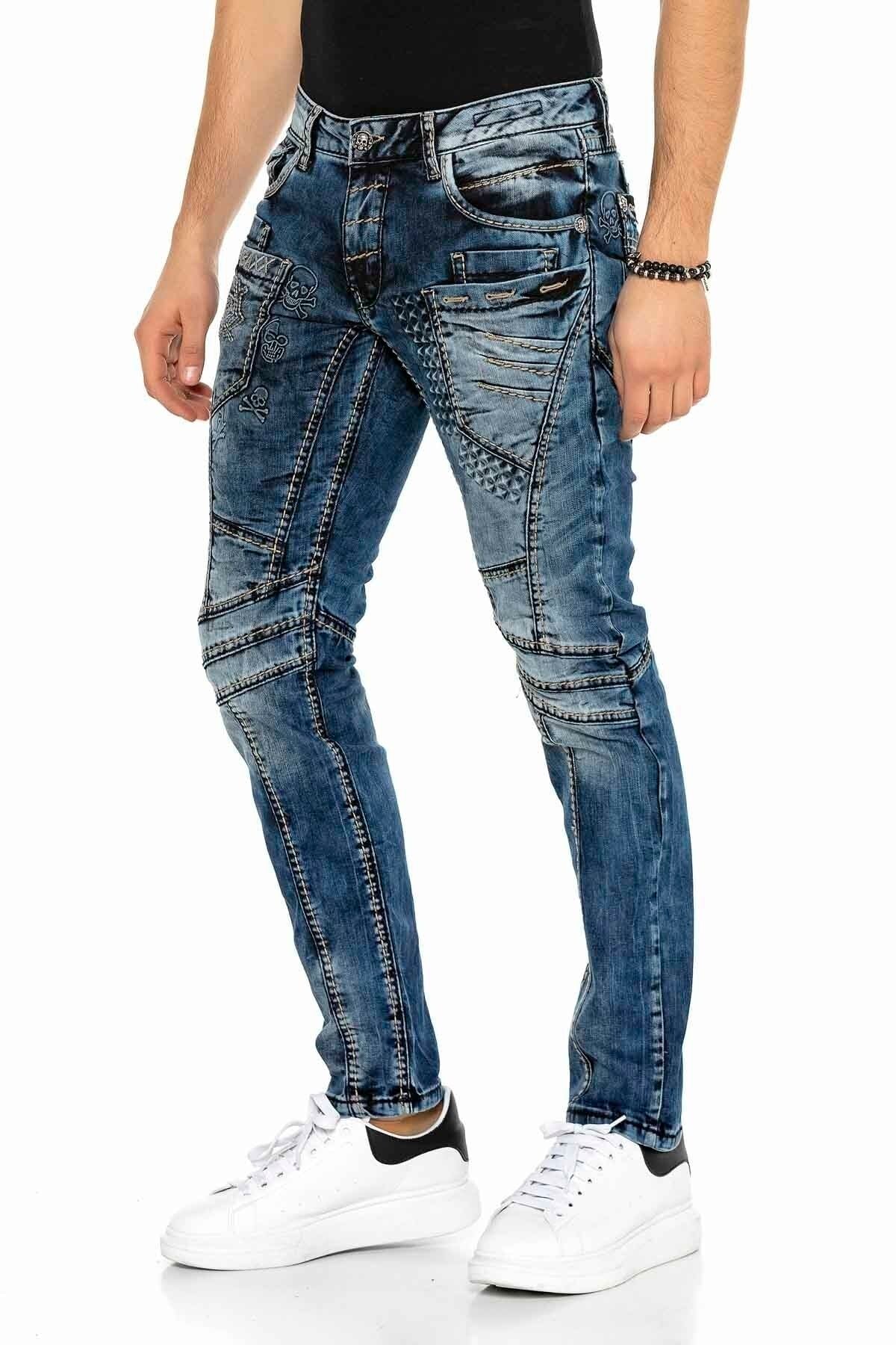 CD418 Embossed Motif Men's Biker Jeans