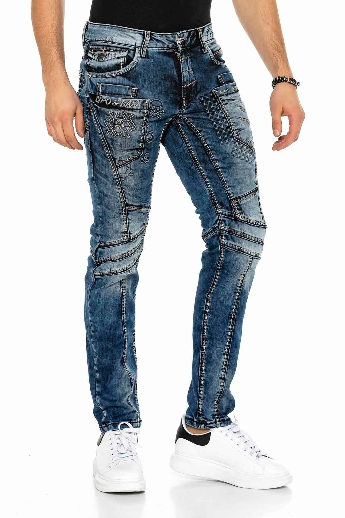 CD418 Embossed Motif Men's Biker Jeans