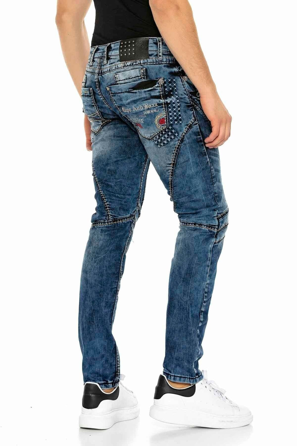 CD418 Embossed Motif Men's Biker Jeans