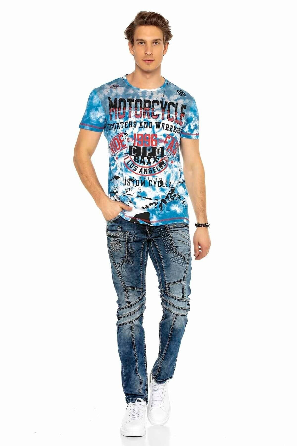 CD418 Embossed Motif Men's Biker Jeans