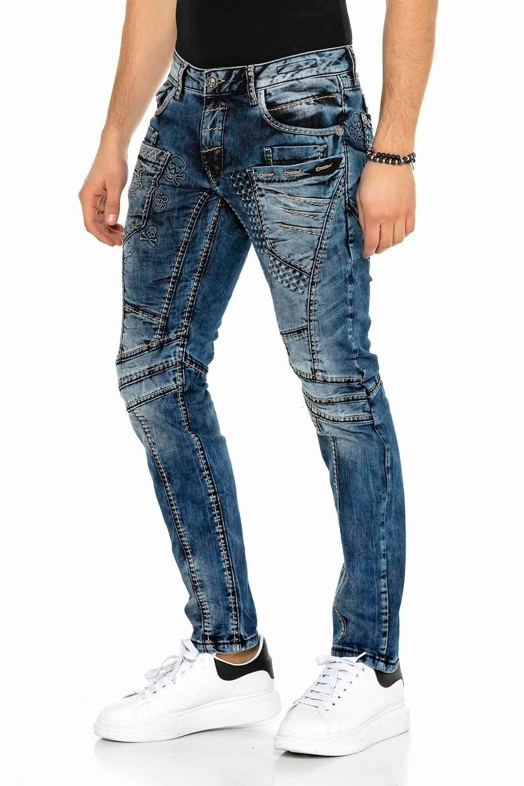 CD418 Embossed Motif Men's Biker Jeans