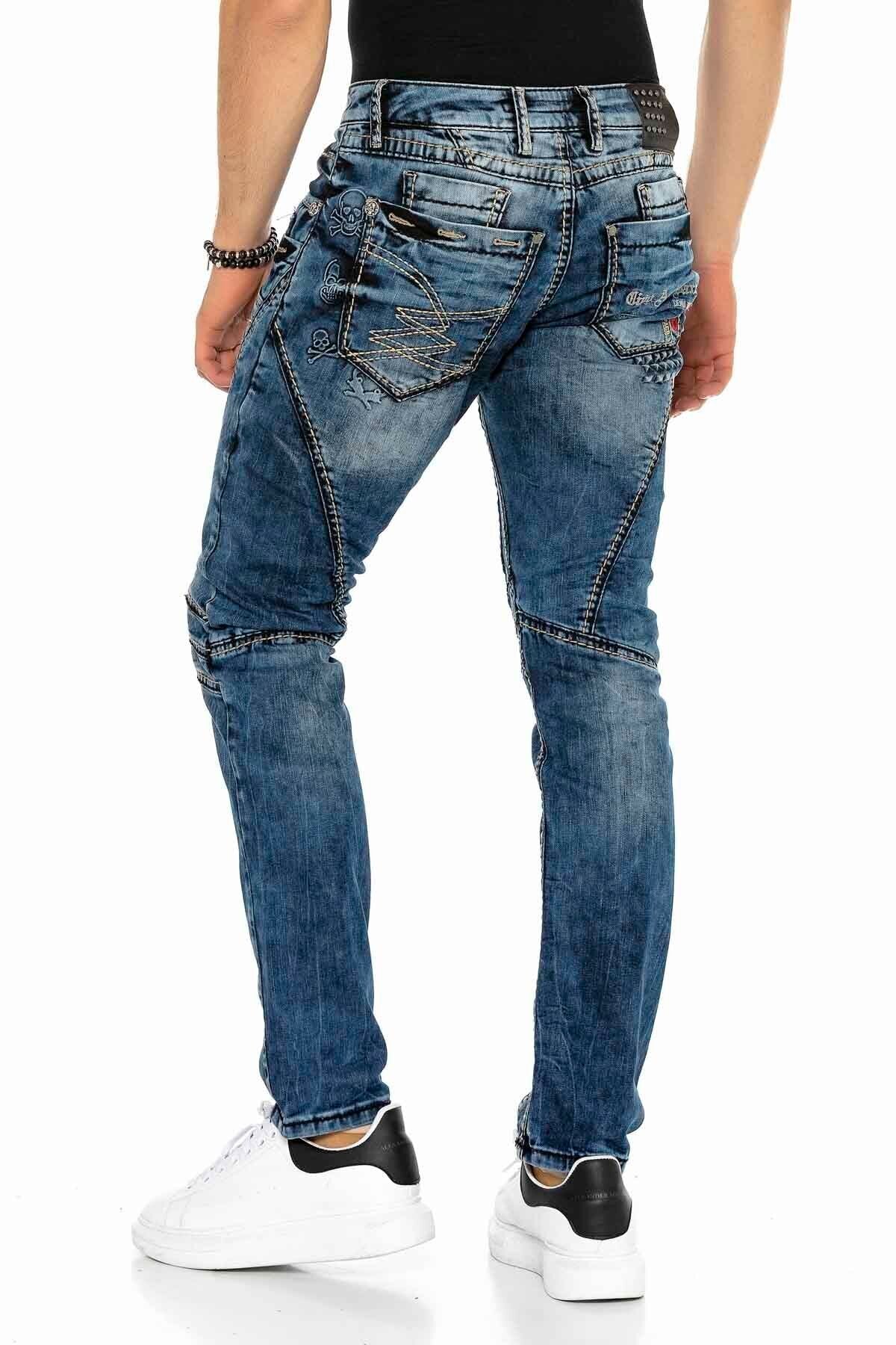 CD418 Embossed Motif Men's Biker Jeans