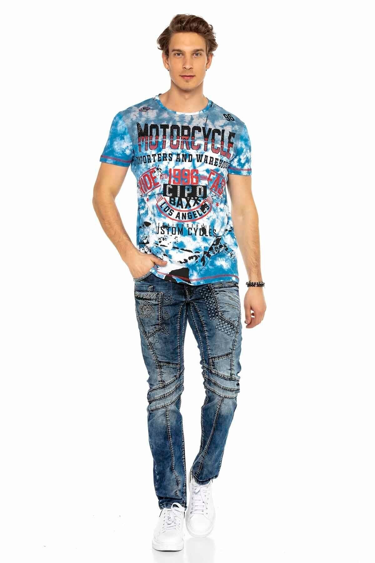 CD418 Embossed Motif Men's Biker Jeans