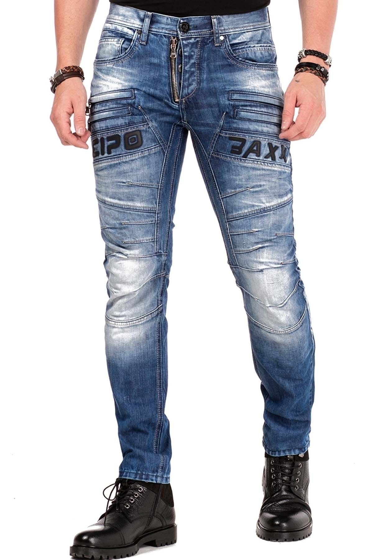 CD491 Stitched Embroidered Zip Detail Men's Jeans