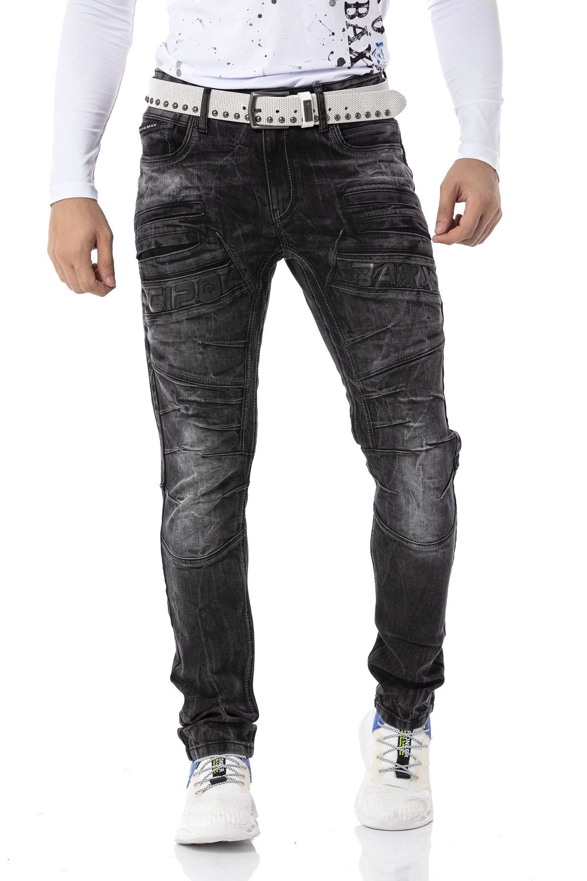CD491 Stitched Embroidered Zip Detail Men's Jeans