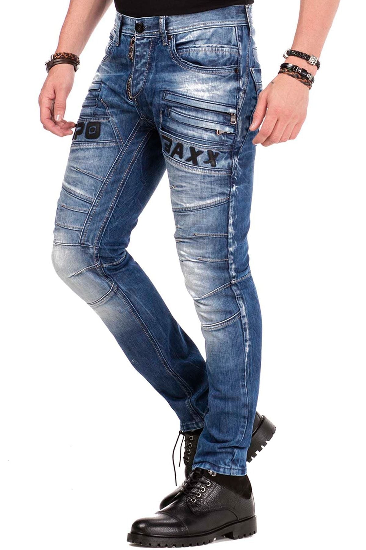 CD491 Stitched Embroidered Zip Detail Men's Jeans