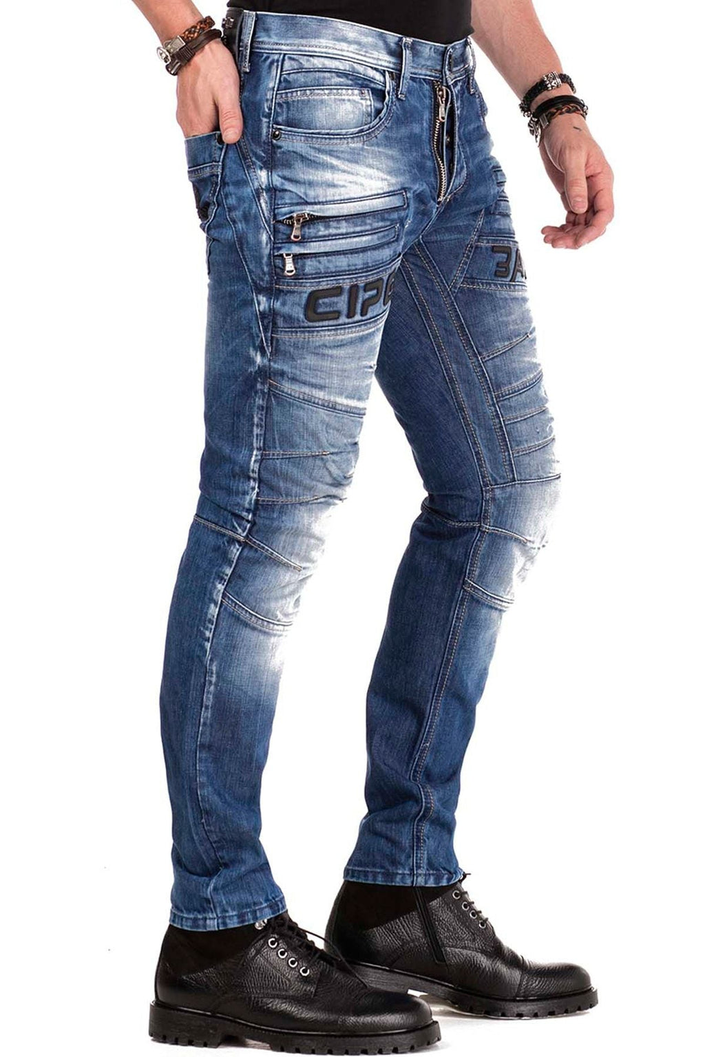 CD491 Stitched Embroidered Zip Detail Men's Jeans