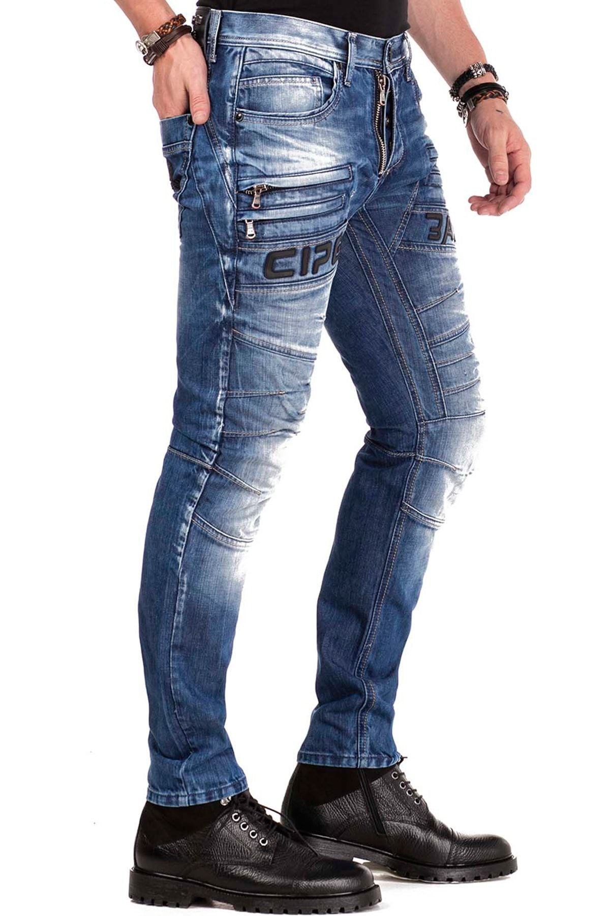 CD491 Stitched Embroidered Zip Detail Men's Jeans
