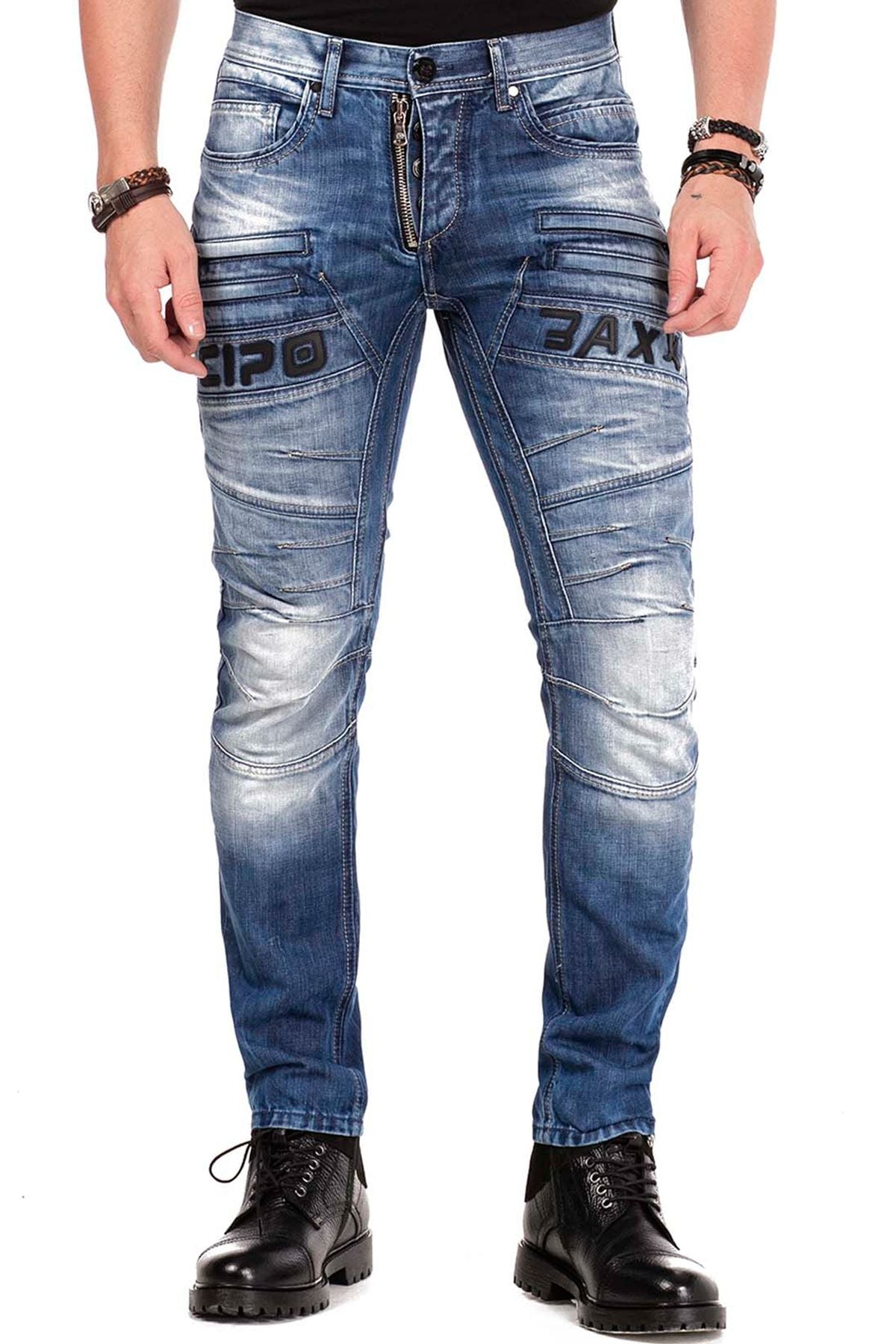 CD491 Stitched Embroidered Zip Detail Men's Jeans