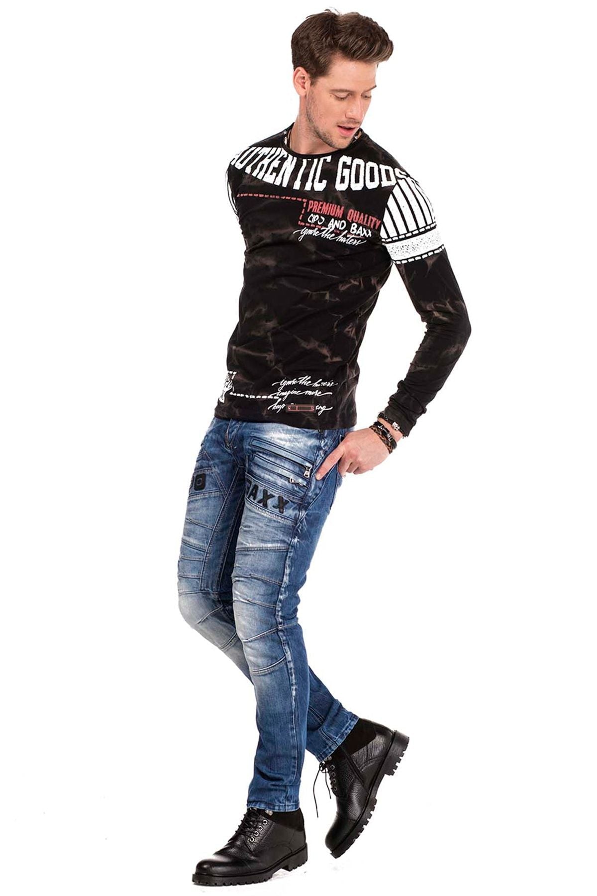 CD491 Stitched Embroidered Zip Detail Men's Jeans
