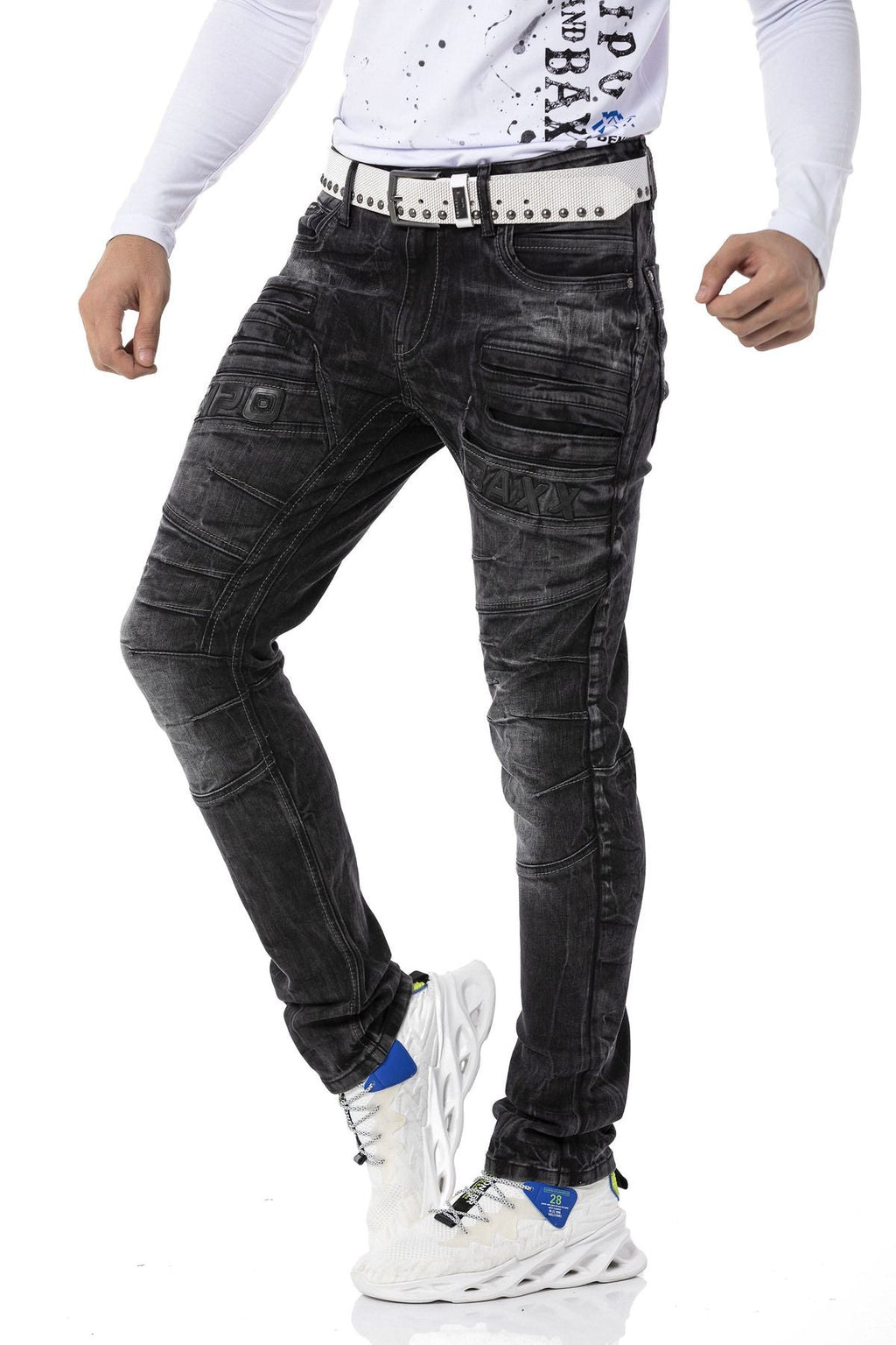 CD491 Stitched Embroidered Zip Detail Men's Jeans