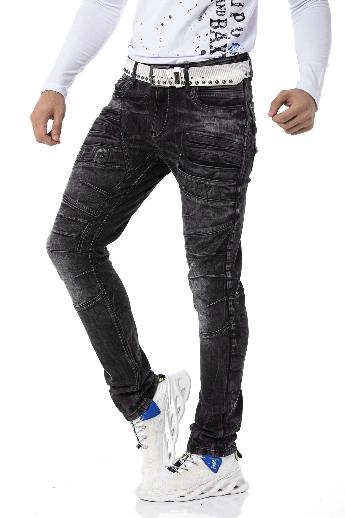 CD491 Stitched Embroidered Zip Detail Men's Jeans