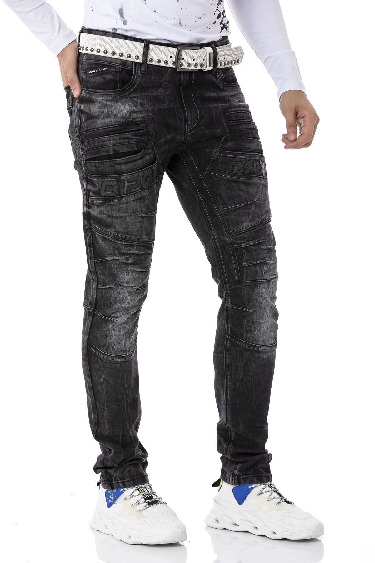 CD491 Stitched Embroidered Zip Detail Men's Jeans