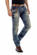 CD493 Embroidered Pocket Chain Ripped Men's Jeans