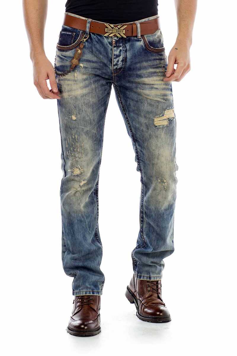 CD493 Embroidered Pocket Chain Ripped Men's Jeans