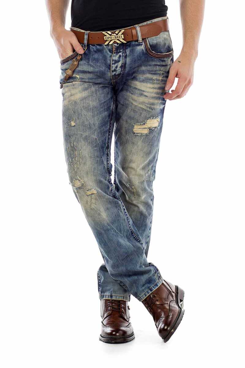 CD493 Embroidered Pocket Chain Ripped Men's Jeans
