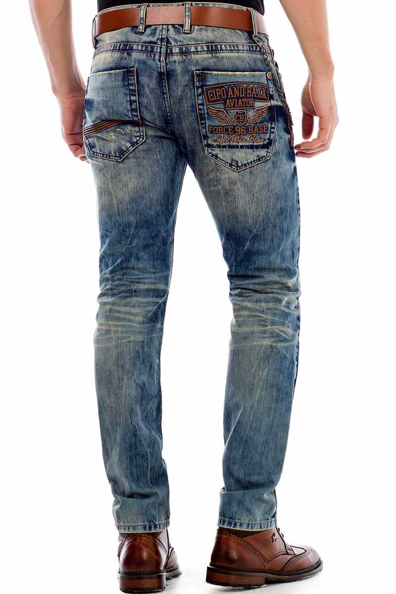 CD493 Embroidered Pocket Chain Ripped Men's Jeans