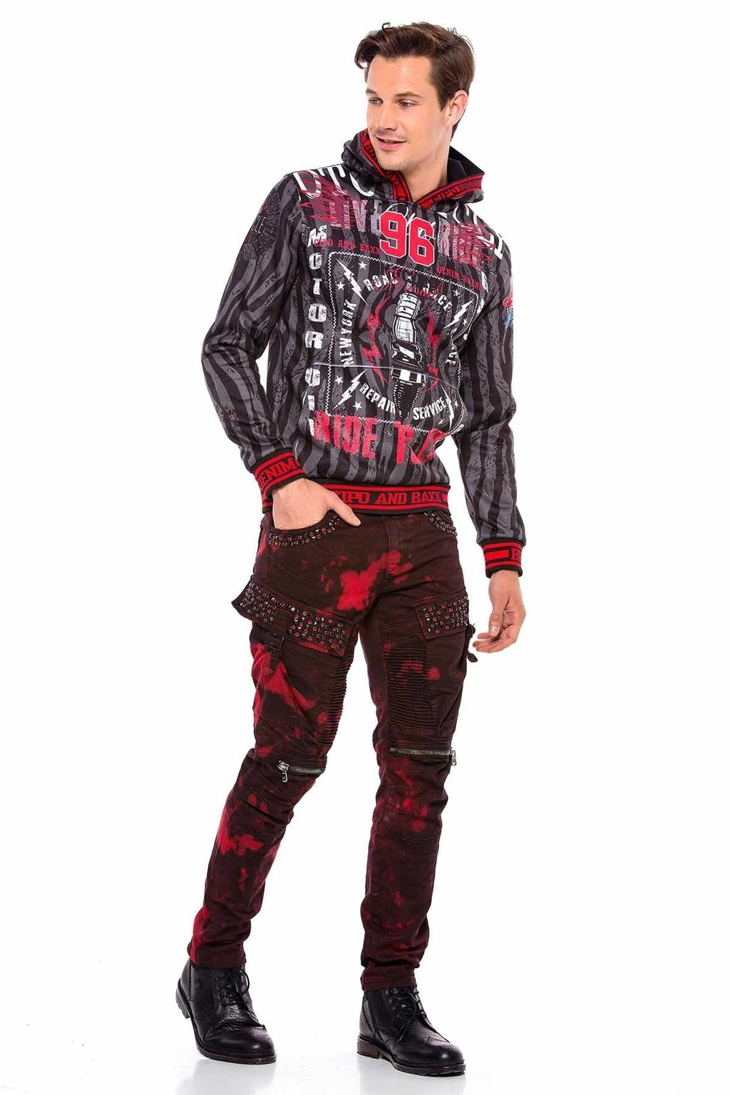 CD558 Shadow Pattern Stone & Zip Cargo Pants