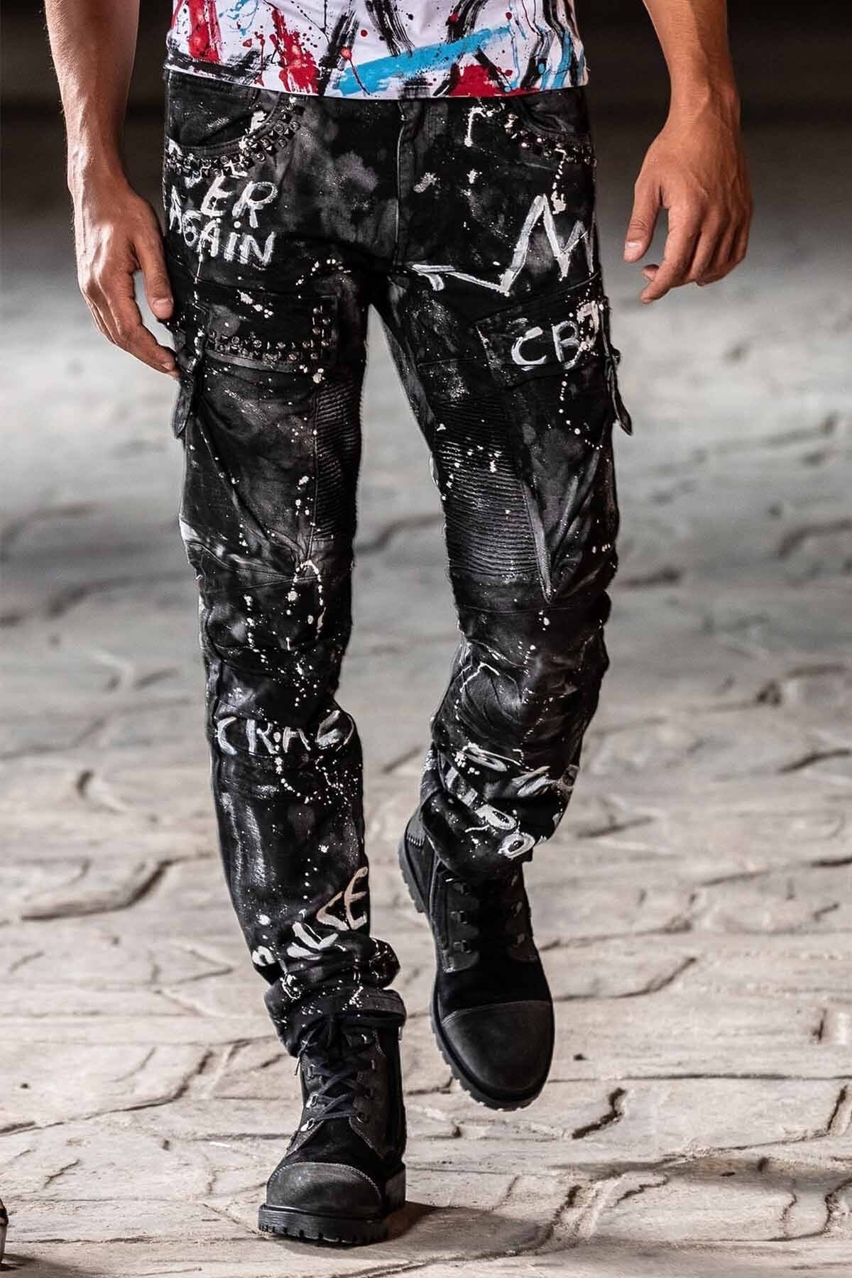 CD572 Hand-Painted Glitter Cargo Pocket Jeans