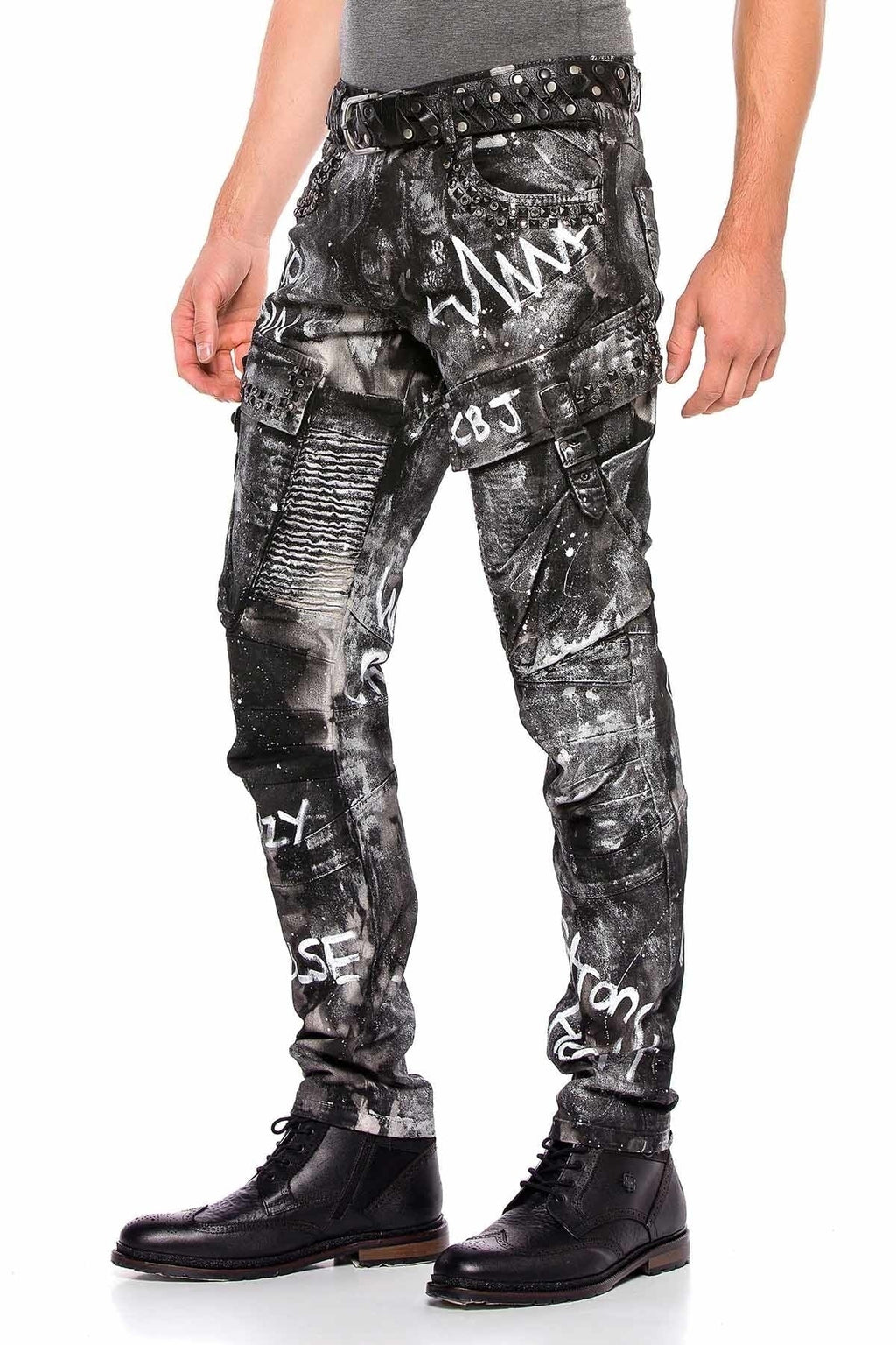 CD572 Hand-Painted Glitter Cargo Pocket Jeans
