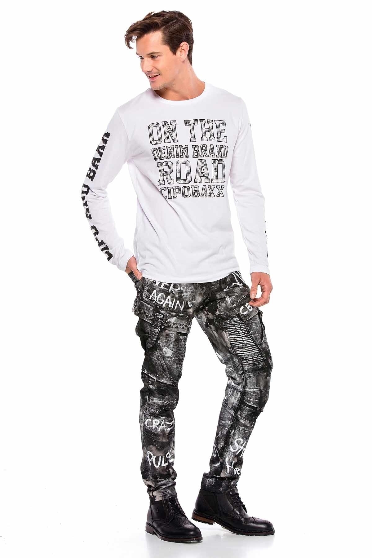 CD572 Hand-Painted Glitter Cargo Pocket Jeans