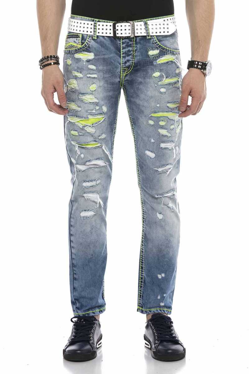 CD605 Neon Green Ripped Ice Blue Men's Jeans