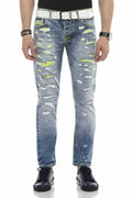 CD605 Neon Green Ripped Ice Blue Men's Jeans