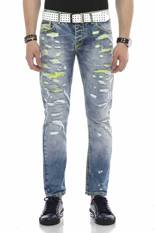 CD605 Neon Green Ripped Ice Blue Men's Jeans